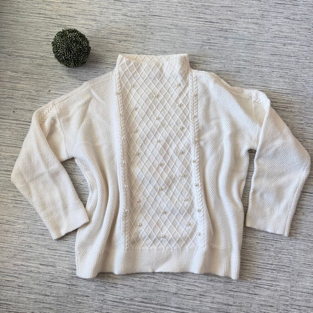 Ann Taylor Black Label Diamond Knit Cable Pearl Accent Sweater White XL